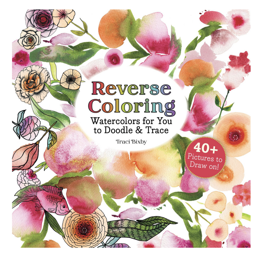 Flora watercolor decorated cover of the Reverse Coloring book. 