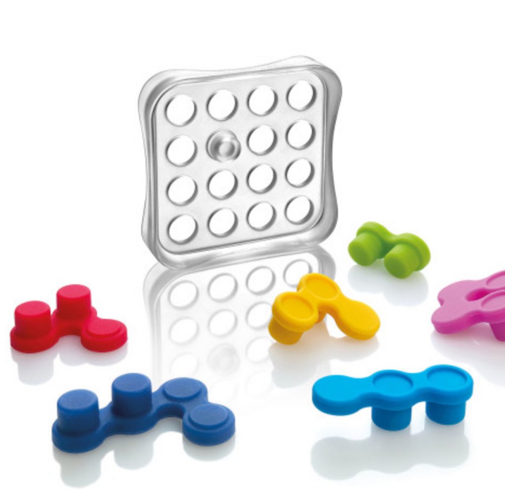 Clear case for Reverso Fidget Puzzle with colorful game pieces in front. 