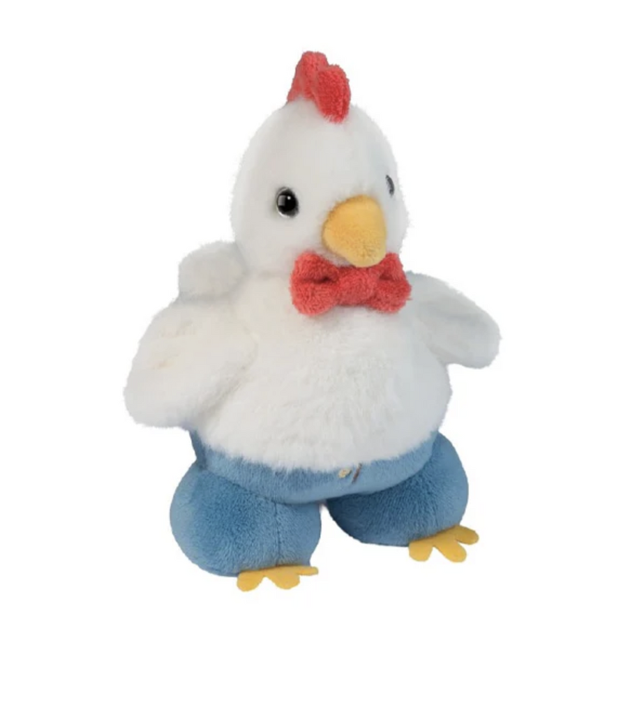 Squat little stuffed animal that is a rooster wearing blue jeans and a red bowtie. 