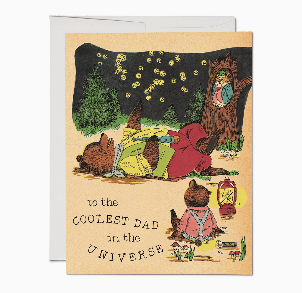 Richard Scarry illustration of a papa bear lying on his back holding a telescope looking up at the sky and explaining what he's seeing to a little bear with a friendly owl hanging in a nearby tree and listening in. 
