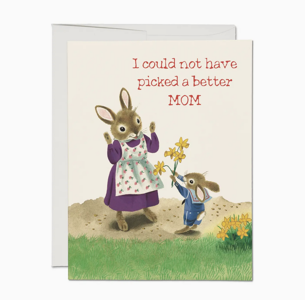 Richard Scarry illustration of a young mouse holding a bouquet of daffodils up for his mother mouse. It reads "I could not have picked a better Mom" 