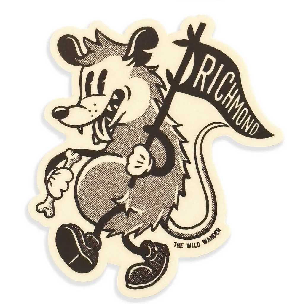 Die cut black and white vinyl sticker of a stylized possum holding a chicken bone and a banner that reads Richmond. 