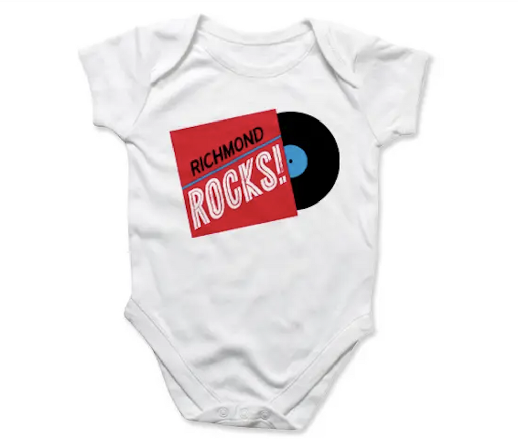 White baby snap suit with illustrated image of a red album cover with a record shown that reads Richmond Rocks!written on the front. Size medium 3-6 
