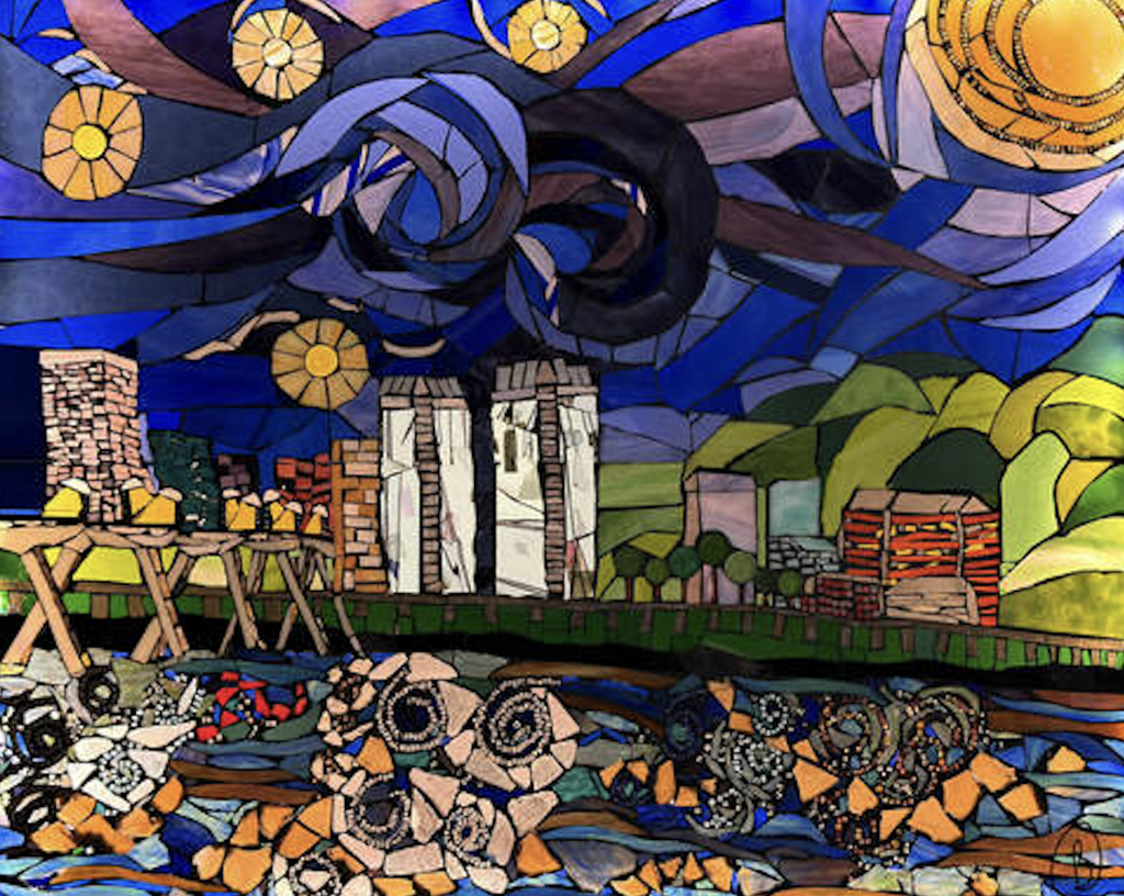 Image of the Richmond Starry Night mosaic artwork by Bridgette Fowler, a beautiful mix of blues, greens and gold colors depicting the Richmond, Virginia skyline. This image is replicated in the 1000 piece puzzle. 