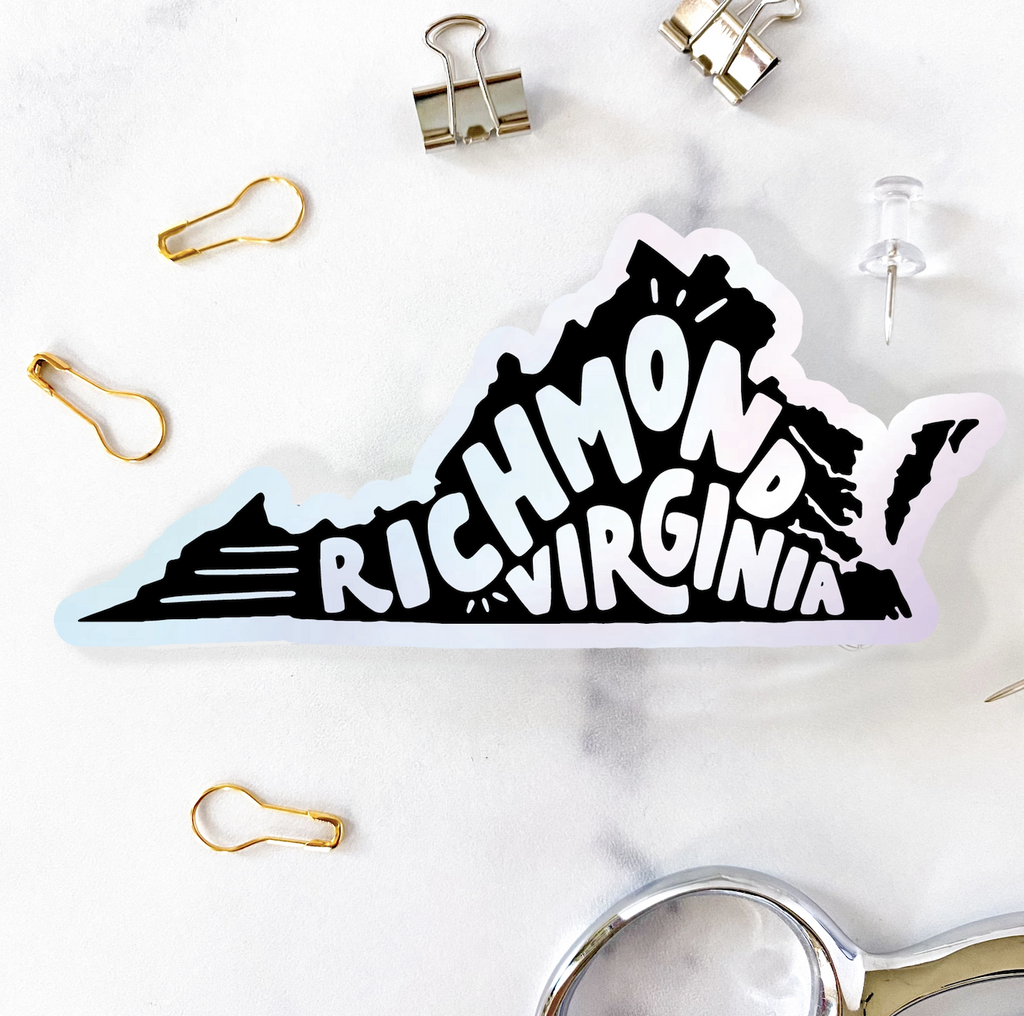 A holographic sticker features the black silhouette of the state of Virginia filled in with lettering that reads Richmond, Virginia. 