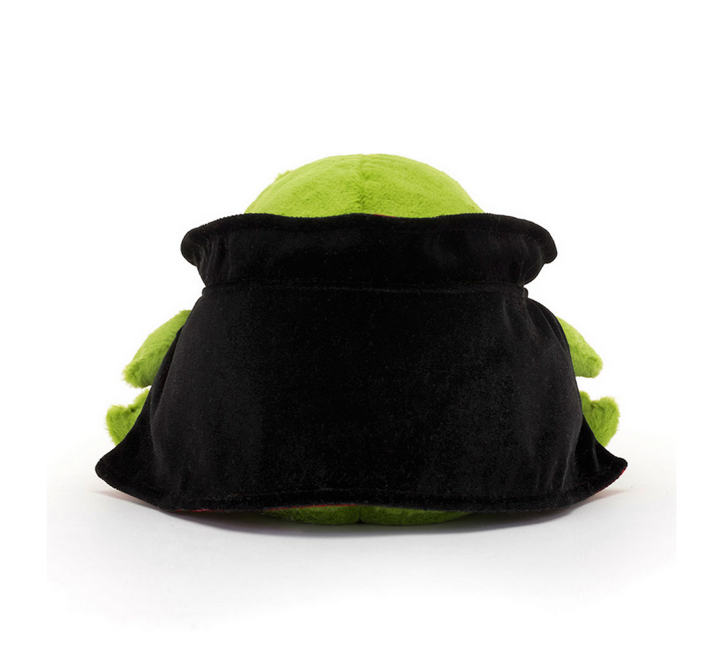 View of the back of Ricky Rain Frog Vampire wearing a black cape. 