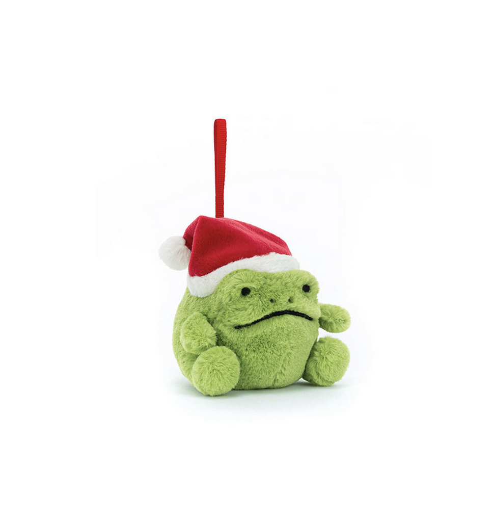 Plush Ricky Rain Frog ornament wearing a santa hat. 