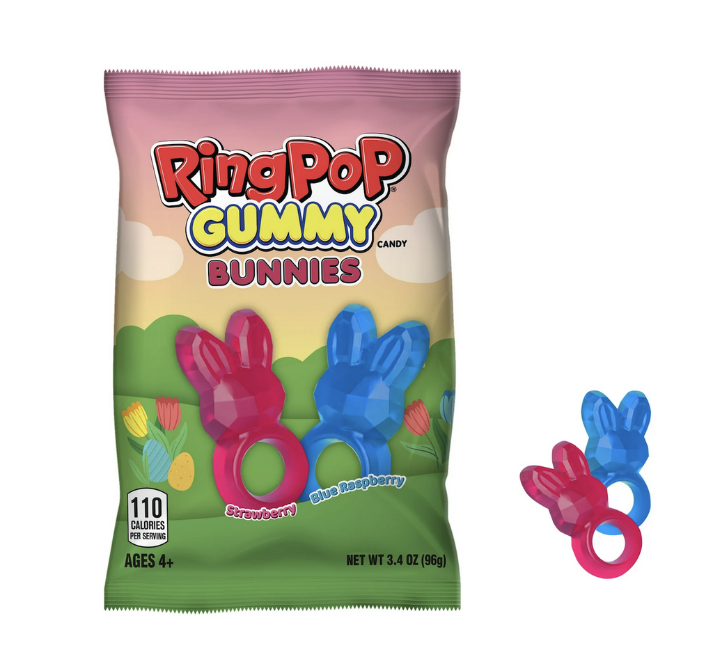 Colorful bag of Ring Pop Gummy Bunnies, with colorful illustration of the bunny shaped gummy rings. 