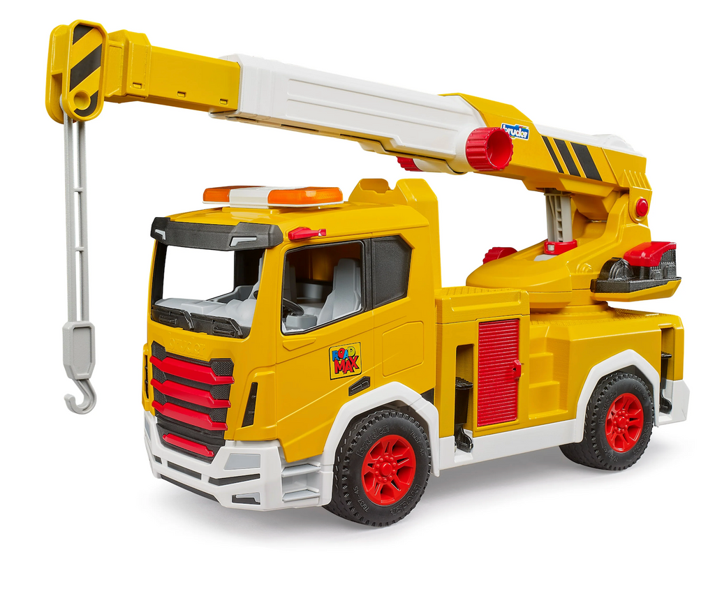 Toy truck with crane for toddlers from Bruder, this bright yellow truck has a moving crane that rises up and down and turns over the top off the truck. 