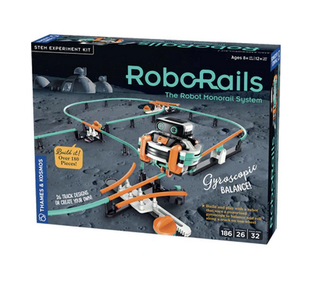 Box with picture of the robot model riding along a track constructed using the RoboRails Monorail System.