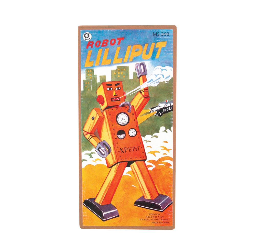 Robot Lilliput Large box features an illustration of the robot wrecking havoc on a city.