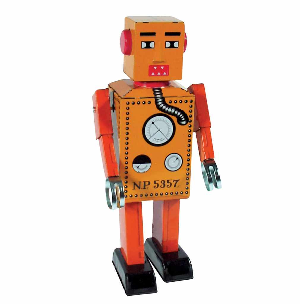 Yellow and orange Lilliput Robot Large tin robot on a white background.