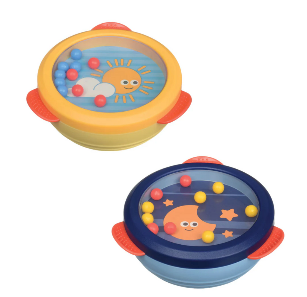 The Rock N Roll drum shaped toys, one features a sun image with orange and blue beads and the other has a moon illustration with yellow and orange beads.