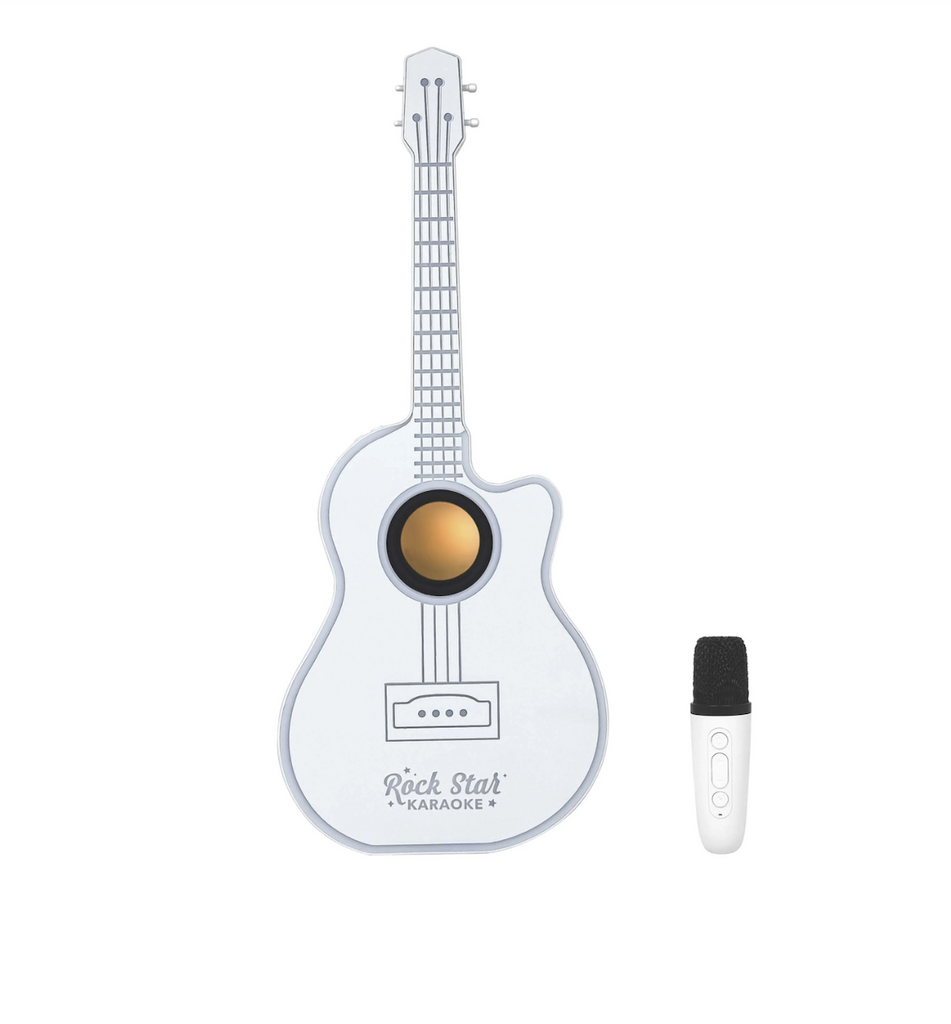 White guitar shaped karaoke system with bluetooth and color changing LED lighting effects. Includes wireless matching microphone. 