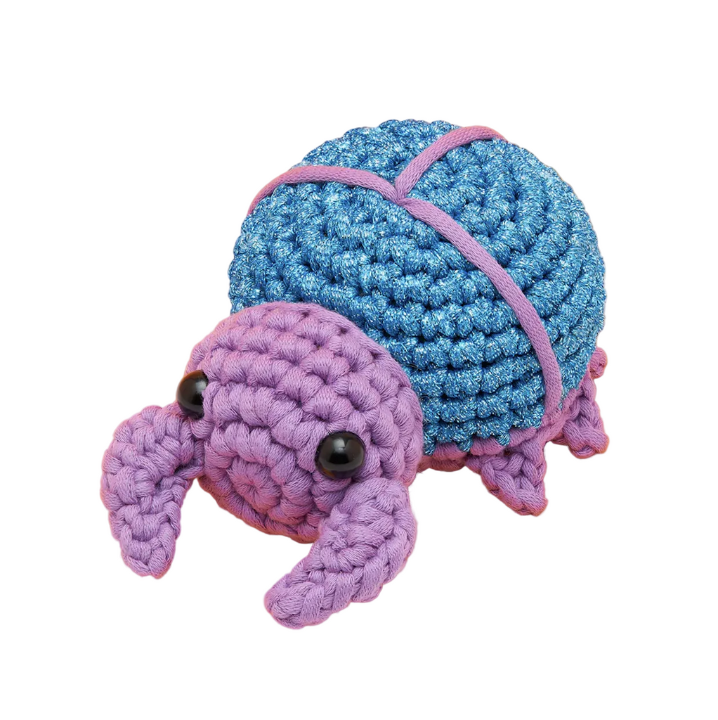 Roland the Beetle stuffed animal made using the Woobles beginner crochet kit. 