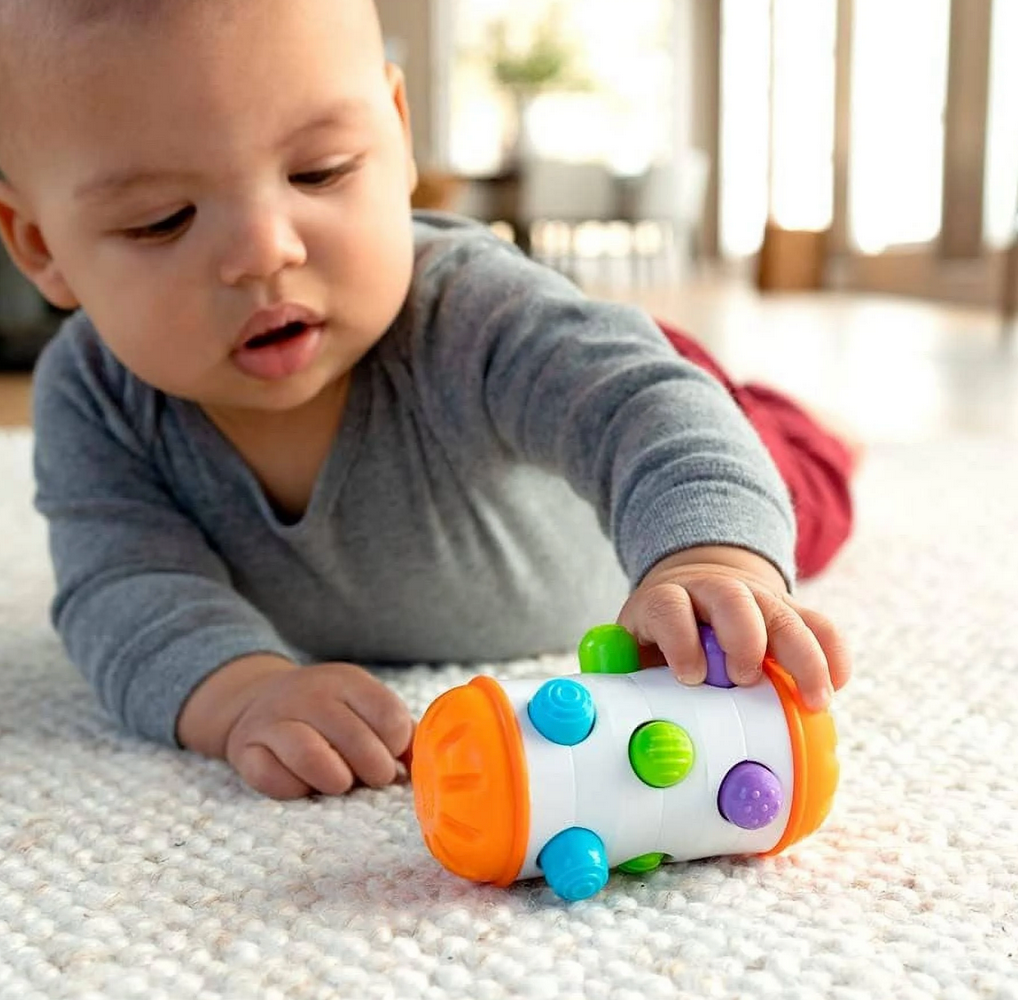 A baby on their tummy reaching for the brightly colored Rolio rattle.