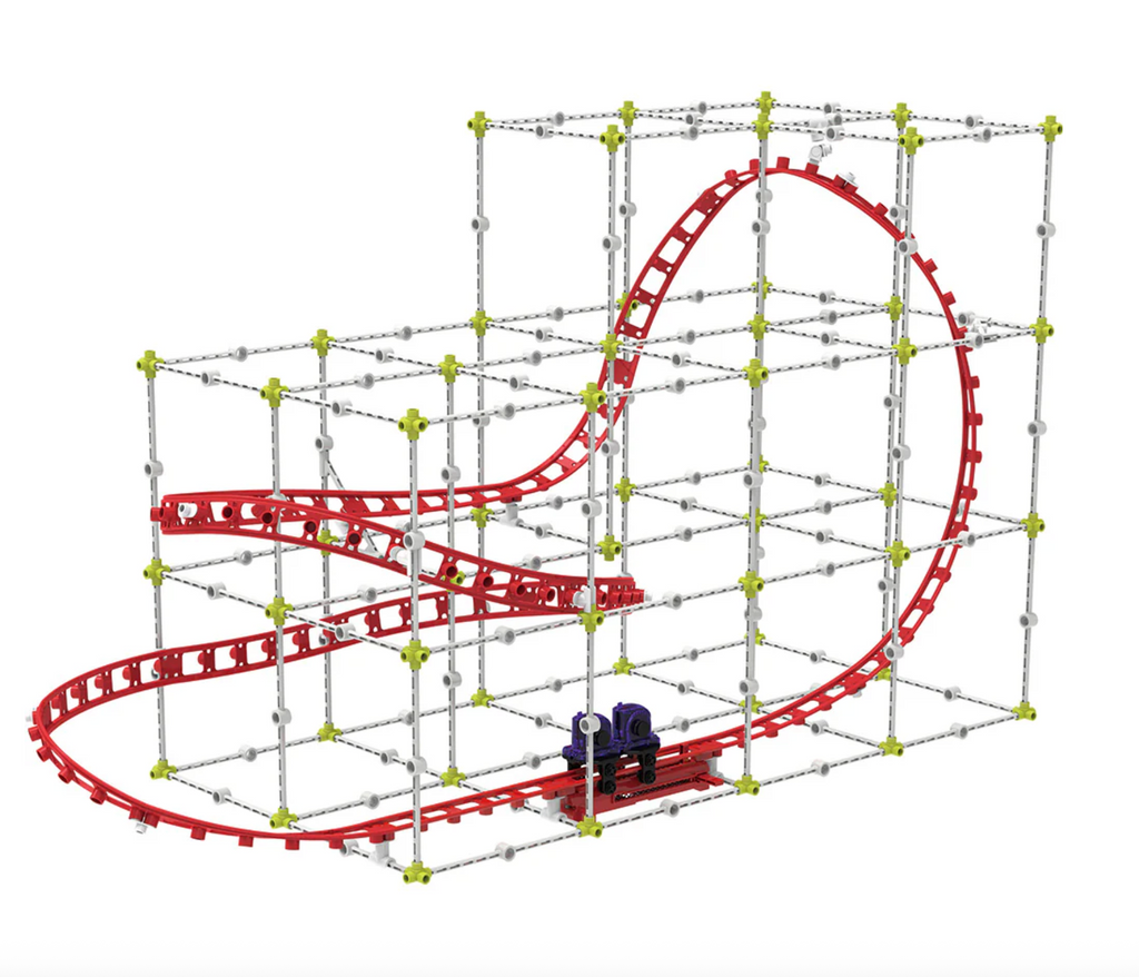 Roller coaster with red tracks and metal frame constructed using the Roller Coaster Engineering set. 