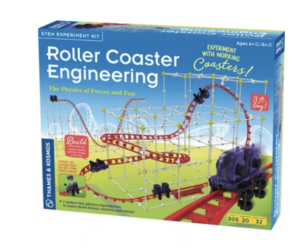 Roller Coaster Engineering set from Thames and Kosmos packaged in a blue box with endless examples of coaster builds pictured on the cover. 