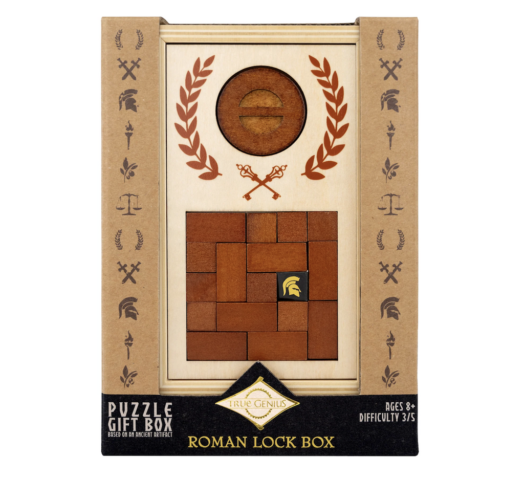 Roman Lock Box a wooden puzzle gift box packaged in a box with a clear window in the front that shows the top of the box, the sides of the box is decorated with markings from ancient artifacts. 