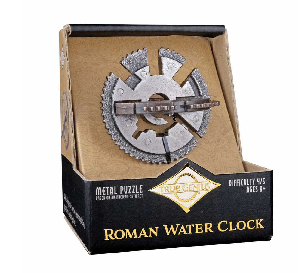 The Roman Water Clock brainteaser puzzle comprised of two interlocking metal gears. It  is in an open package, which allows the weight and texture of the puzzle to be felt. 