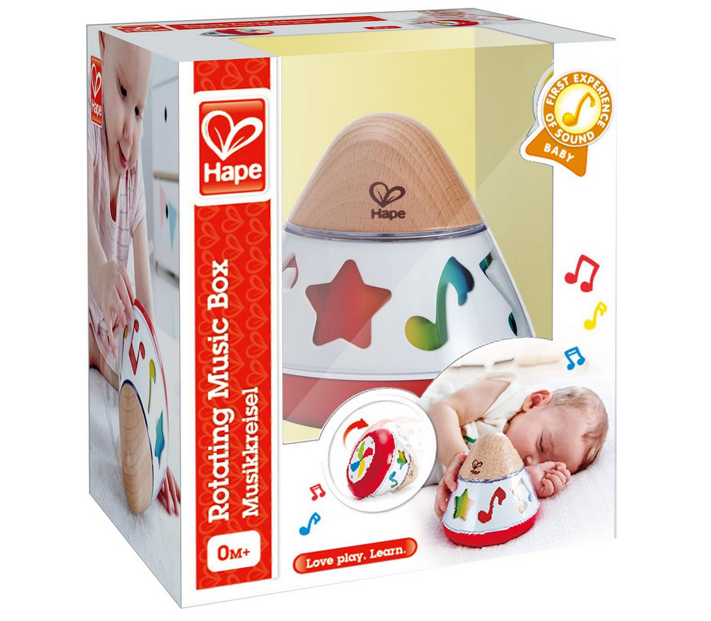Hape Rotating Music Box packaging with images of a baby and and the Rotating Music Box. 