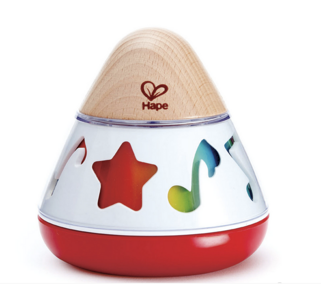 Hape Rotating Music Box with a red base, spinning musical notes and a wooden top.