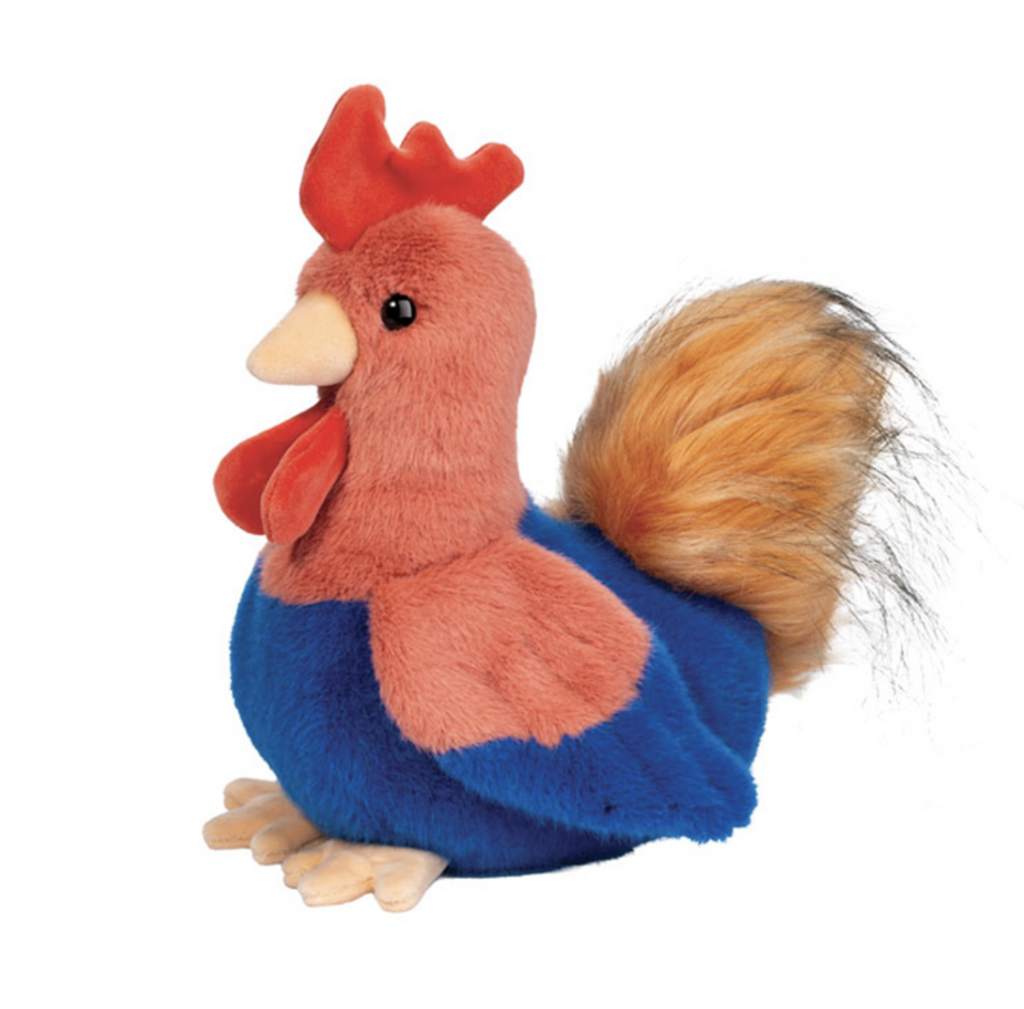 Rowdie Rooster stuffed animal with vibrant red and blue design. 