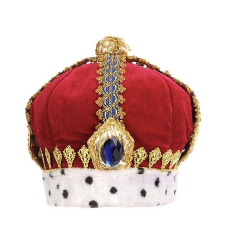 Royal King plush costume hat, with faux jewel and faux fur trim. 