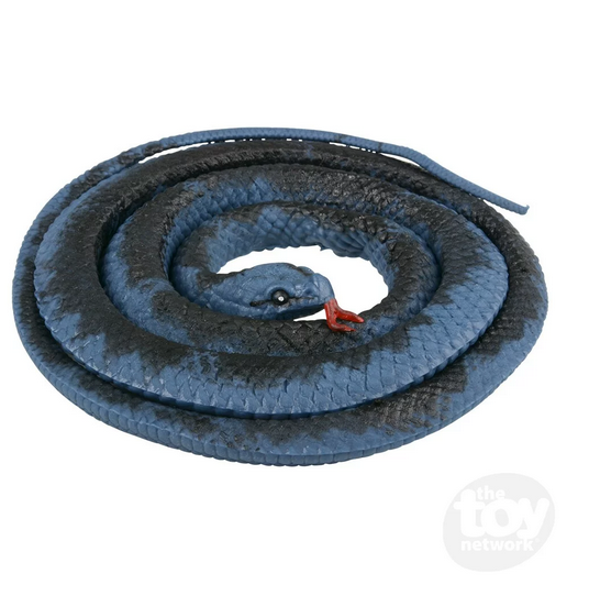 Close up view of the Blue Viper rubber snake in coiled position with it's head resting in the center of the coil and it's forked tongue out. 
