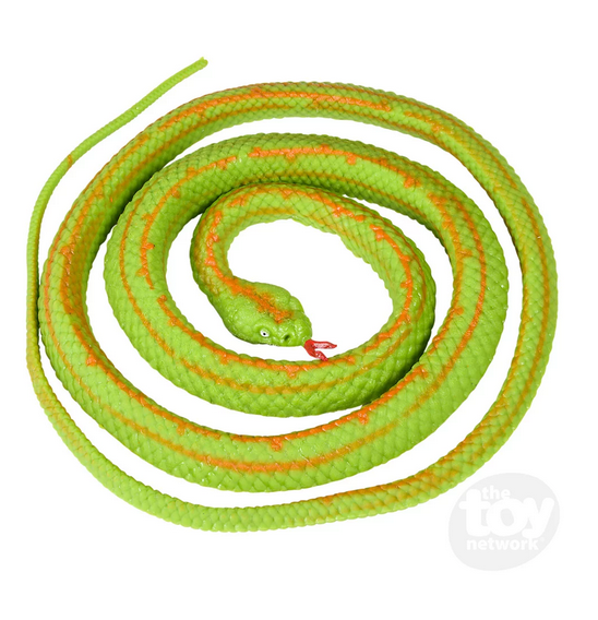 Top view of the Desert Rosy Boa rubber snake with bright green scales and orange markings. It is coiled with it's head in the center and it's forked tongue out. 