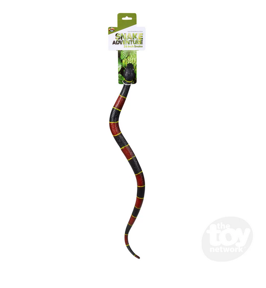 Red, black and yellow rubber snake hanging from a hangcard. 
