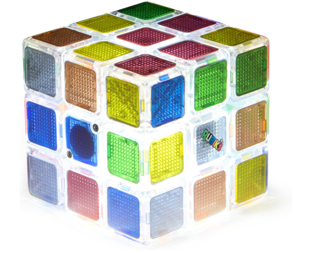 Colorful Rubik's Cube Pulse puzzle with transparent sides and each square lit up a different color. 