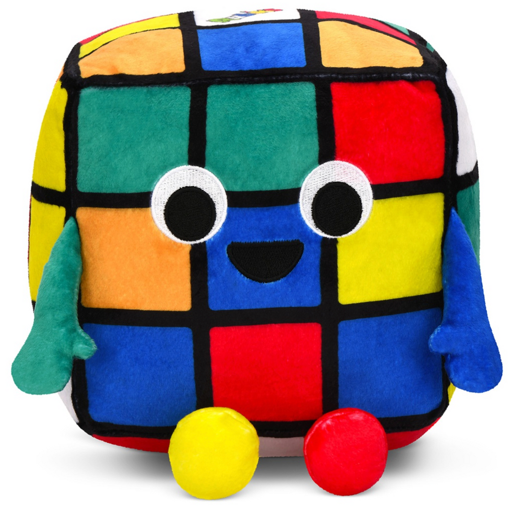 Colorful plush toy shaped like a Rubik's Cube with a smiling face in a sitting position. 