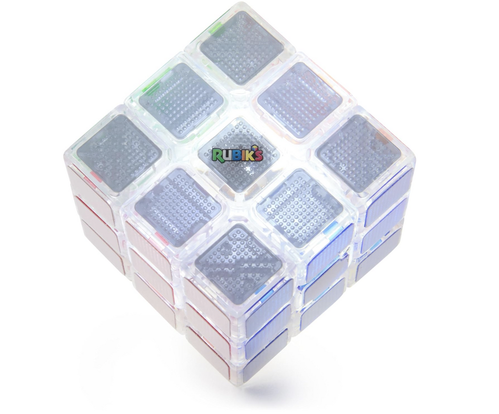 Rubik's Cube Pulse viewed from the top  with transparent cubes and a colorful Rubik's logo in the center. 