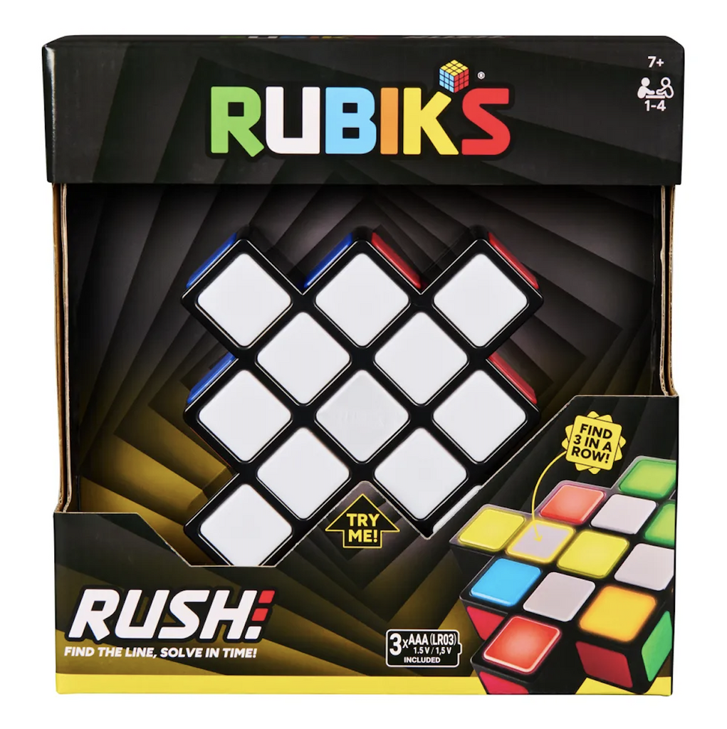 Rubik's Rush game packaged in an open box that has a try me feature. 