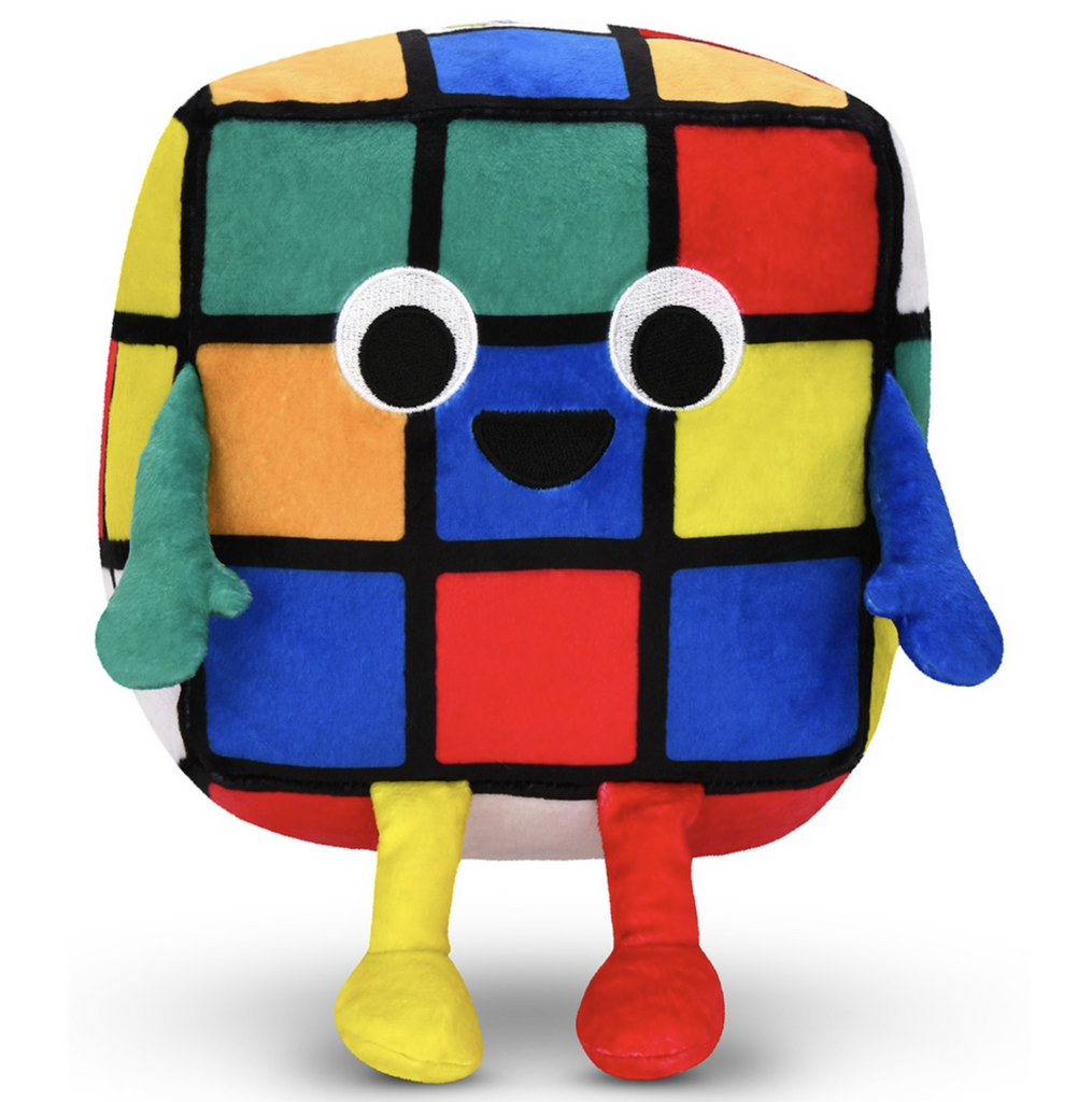 Colorful plush toy shaped like a Rubik's Cube with big eyes, smiling mouth, arms and legs. 