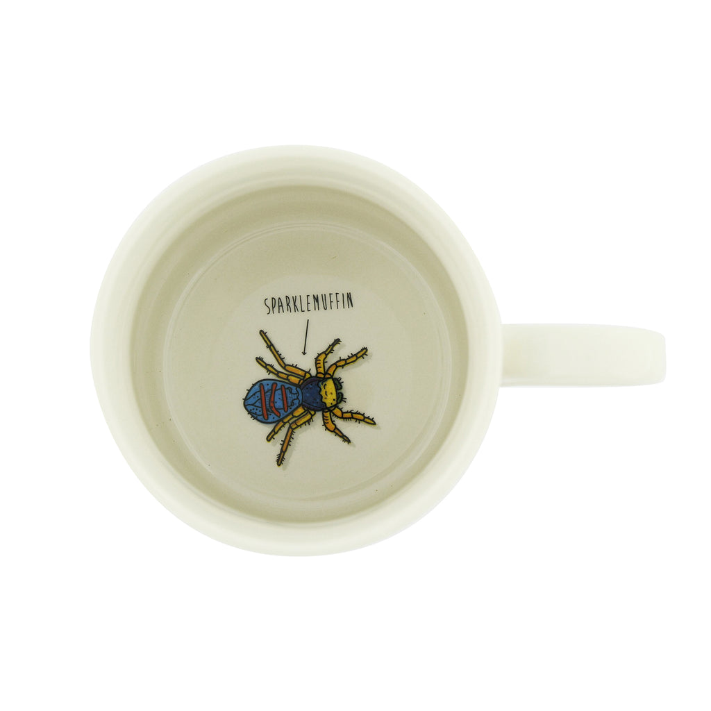 Interior of the Rude Bugs Mug with a surprise at the bottom of a bug named "sparklemuffin"
