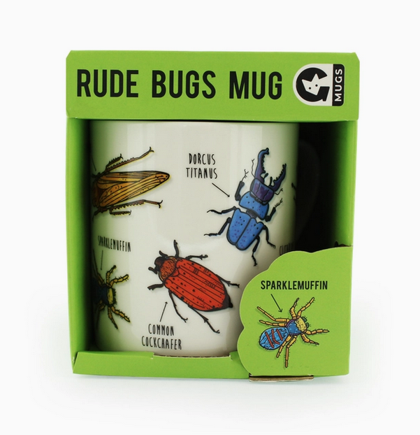 The Rude Bugs Mug with illustrations of brightly colored bugs with names like "dorcus titans" packaged in an open green box.