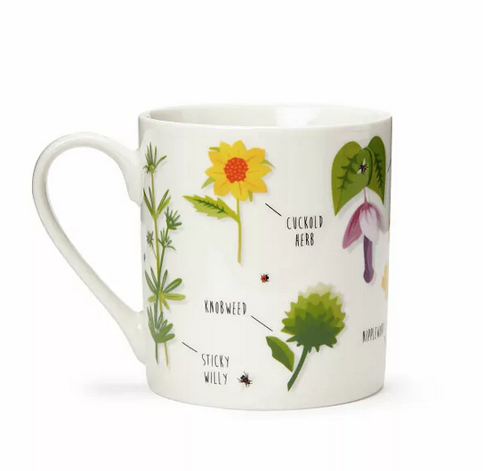 Side view of the Rude Plants Mug illustrated with different plants and flowers with silly names like "knobweed" and "sticky willy"