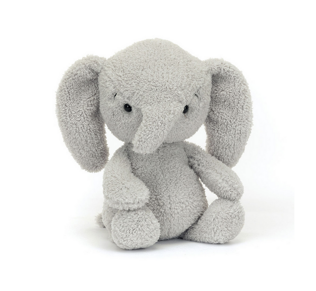 Rumblikin Elly stuffed elephant with grey fur and super soft huggable body. 