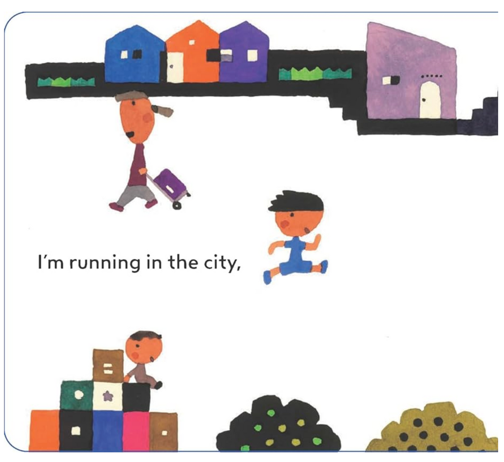 Interior page from "Run, Run, Run" depicting a child running through the city.