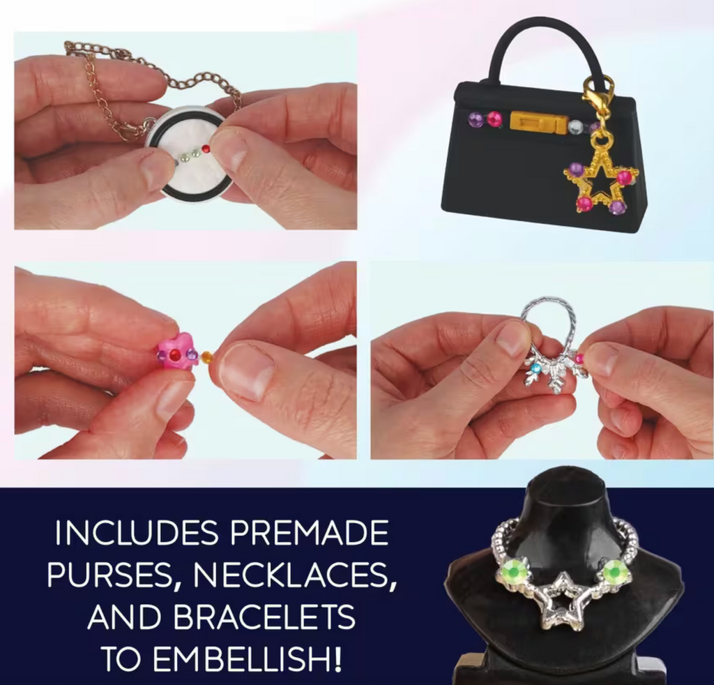 Varieties of the premade purses, bracelets, necklaces and charms included in the kit to embellish like a real fashion designer. 
