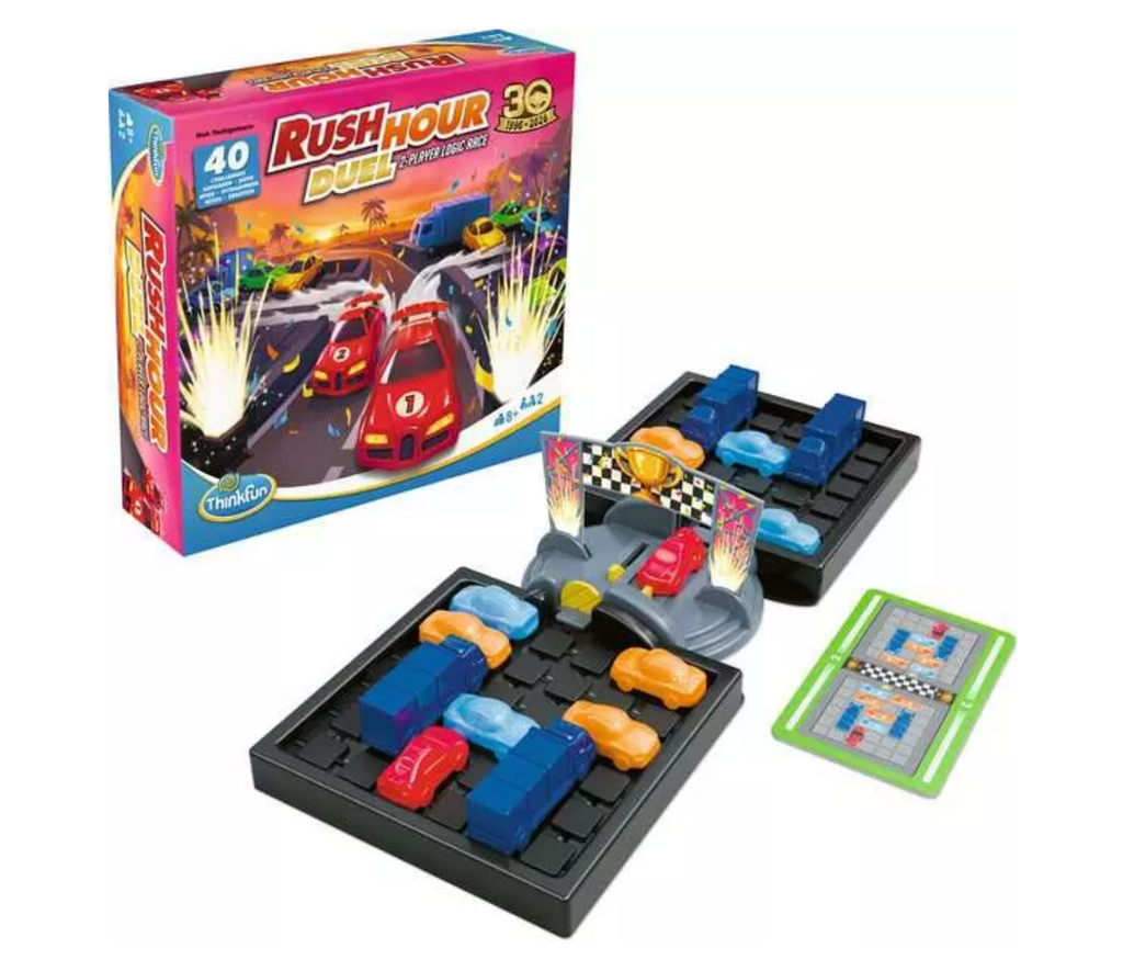 The Rush Hour Duel 2 player puzzle race board set up for head to head competition. 