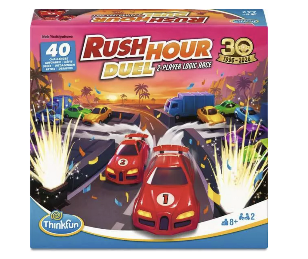 Brightly illustrated box for Rush Hour Duel with an illustration of two cars racing their way through the puzzle race. 