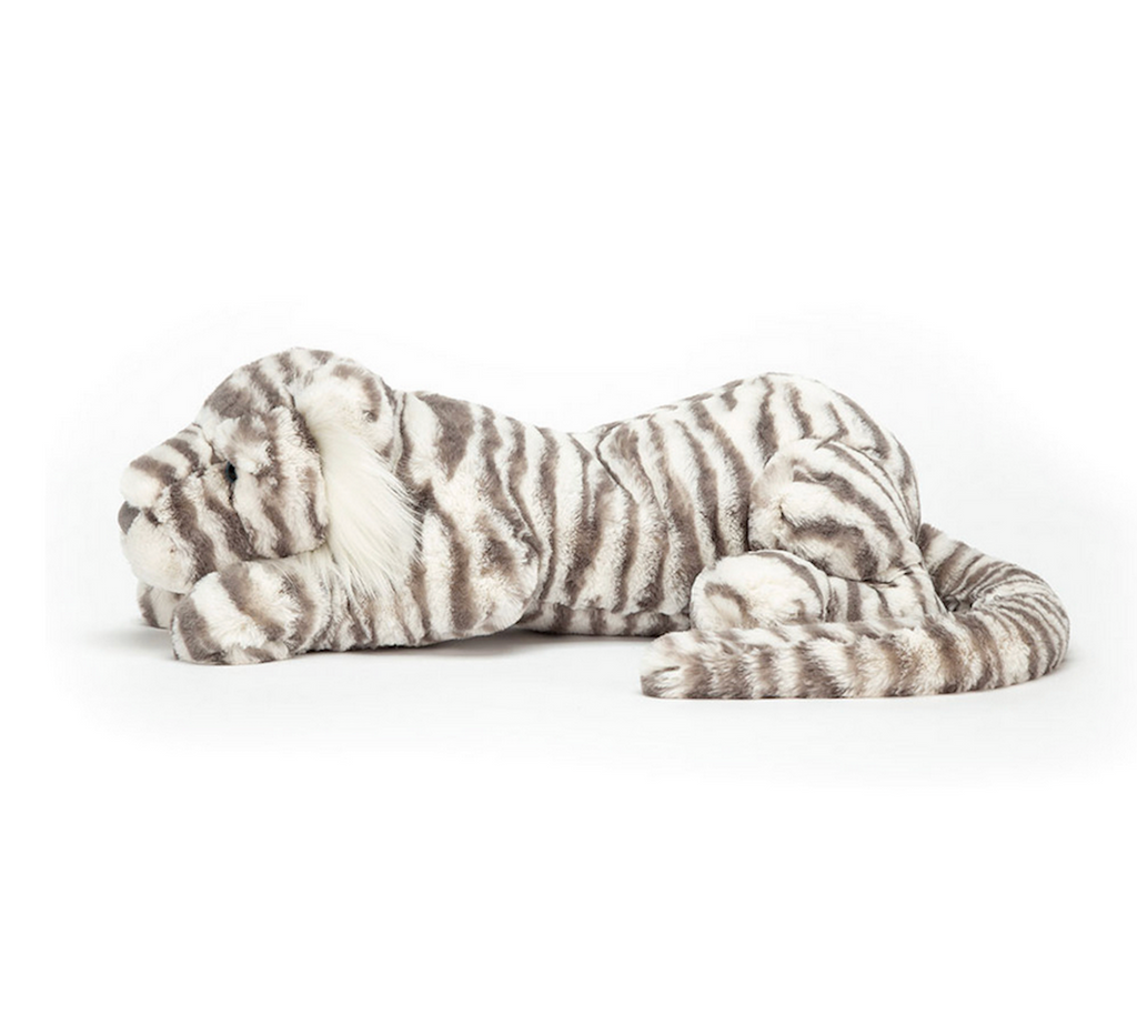 Sacha Snow Tiger the plush toy tiger viewed from the side. 