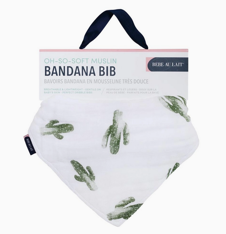 Bandana Bib with green Saguaro Cactus scattered all over a white background.