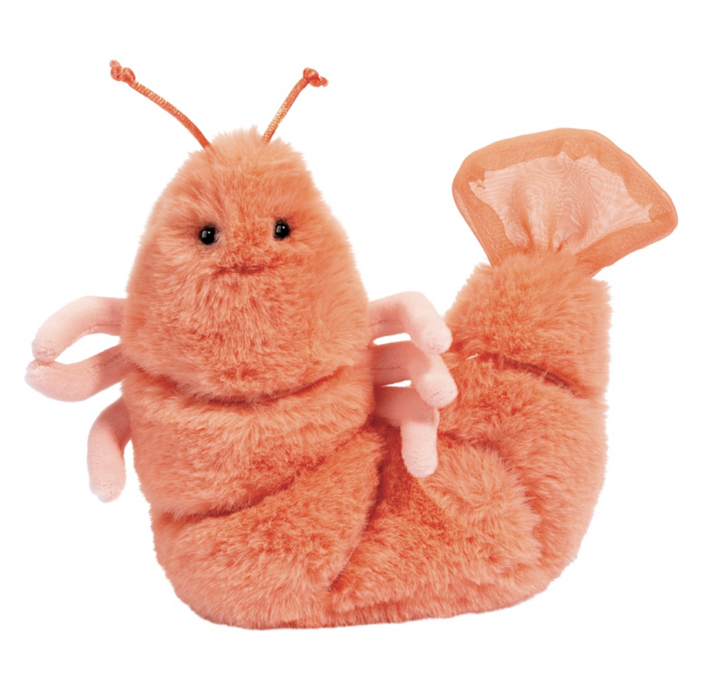 Cute and soft plush shrimp with pink little legs and antennae. 