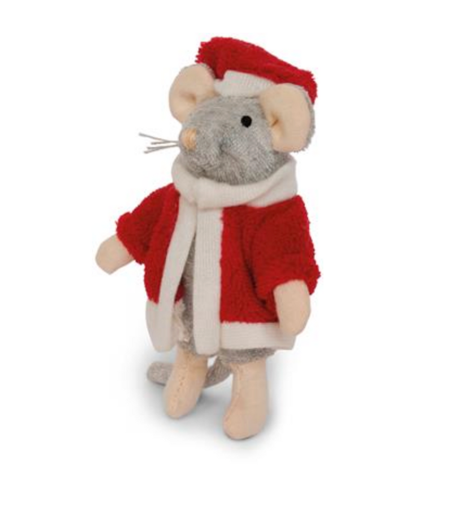 Stuffed mouse toy wearing a red sweater and Santa hat.