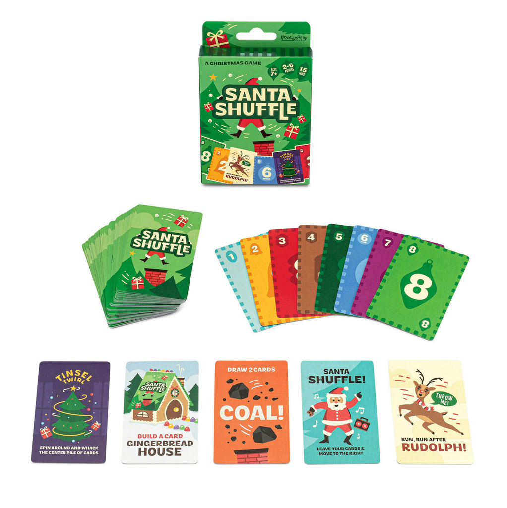 Several cards from the Santa Shuffle card deck featuring actions that keep this game moving fast and unpredictable. 