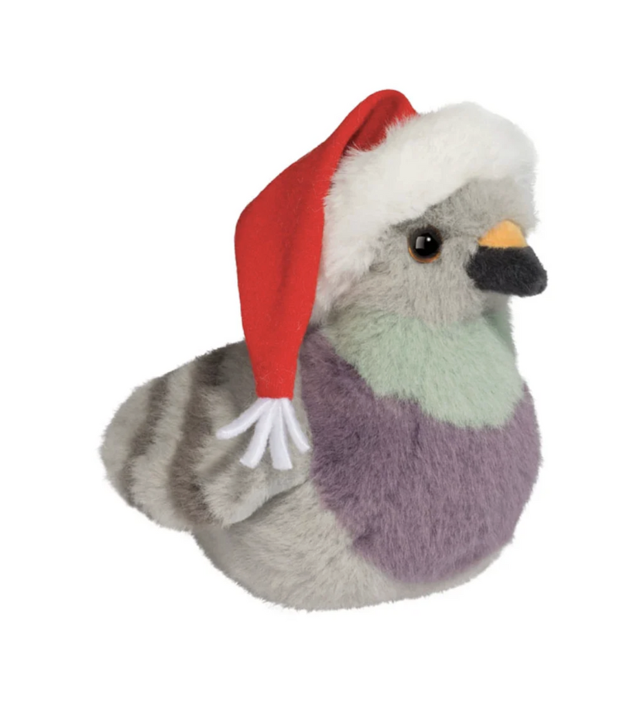 Douglas plush famous plush pigeon is ready for the holidays, wearing a red and white Santa hat. 